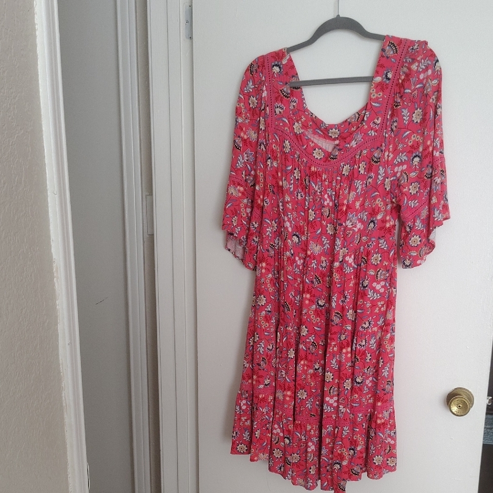 Pink Ruched Tiered Midi Sundress with Dolman Sleeves